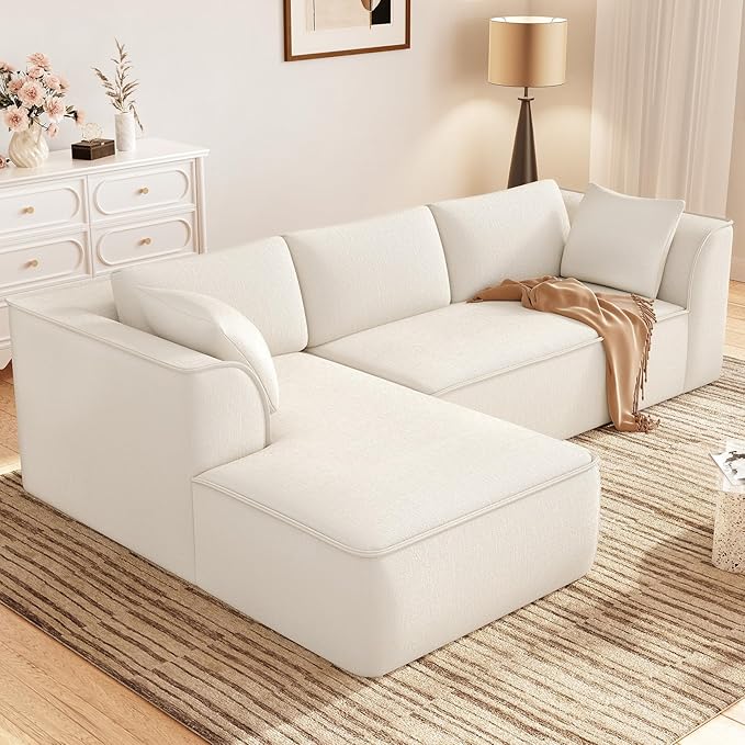 Vesgantti 106" Boneless Couch with Chaise, Deep Seat Cloud Sofa Sectional, Chenille Memory Foam Modular Couches for Living Room, No Assembly Required (Creamy Beige, Left-Facing Chaise)