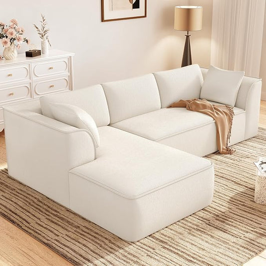 Vesgantti 106" Boneless Couch with Chaise, Deep Seat Cloud Sofa Sectional, Chenille Memory Foam Modular Couches for Living Room, No Assembly Required (Creamy Beige, Left-Facing Chaise)