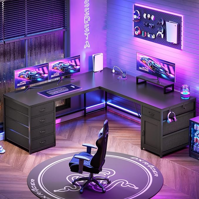 Sedeta SEDETA L Shaped Desk, 63'' Computer Desk with 5 Drawer & Power Outlet,Long Home Office Desk or Corner Desk, L Shaped Corner Desk with Monitor Shelf, Storage Cabinet, Black