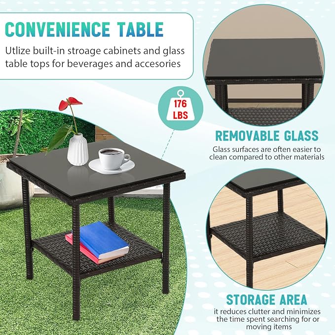 FDW 3 Piece Bistro Conversation Set Patio Brown Wicker Chairs Furniture Outdoor Furniture Set 2 Rattan Chairs with Red Cushions and Glass Coffee Table for Porch Lawn Garden Balcony Backyard