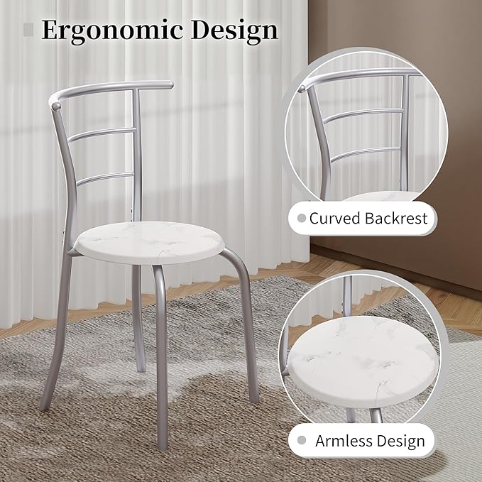 VECELO 3-Piece Dining Table Set for Kitchen Breakfast Nook, Faux Marbled Oval Tabletop and Metal Frame with Built-in Wine Rack, for Small Spaces, White & Silver