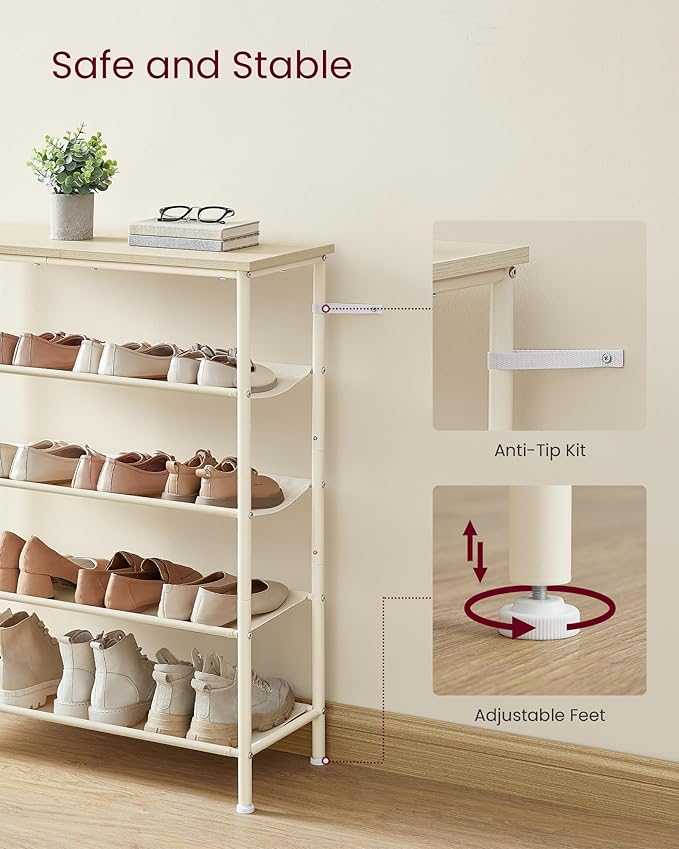 VASAGLE Shoe Rack, 5-Tier Shoe Storage Organizer for Entryway and Closet, Holds 12-16 Pairs of Shoes, 4 Fabric Shelves, Steel Frame, Modern, Natural Beige and Pearl White ULBS036K01