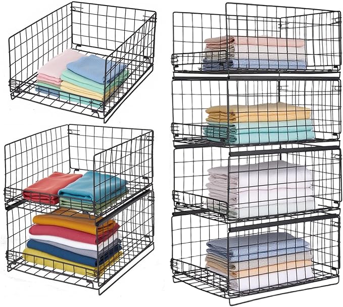 4-Tier Storage Basket, Stackable Closet Organizers, Foldable Closet Shelf Organizer System, Space-Saving, Snacks Books Clothing Towel Storage Drawer Organizer for Wardrobe Living Room Office - Black