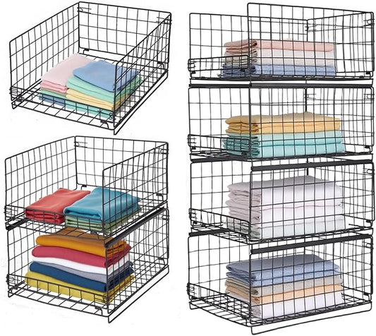 4-Tier Storage Basket, Stackable Closet Organizers, Foldable Closet Shelf Organizer System, Space-Saving, Snacks Books Clothing Towel Storage Drawer Organizer for Wardrobe Living Room Office - Black