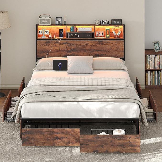 Full Size Bed Frame with LED Headboard & Charging Ports, Rustic Wood Platform Full Bed Frame, 6 Storage Drawers and Display Shelf, Heavy-Duty Metal Frame, No Box Spring Needed, Brown