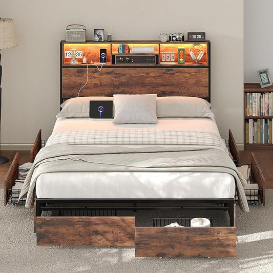 Full Size Bed Frame with LED Headboard & Charging Ports, Rustic Wood Platform Full Bed Frame, 6 Storage Drawers and Display Shelf, Heavy-Duty Metal Frame, No Box Spring Needed, Brown