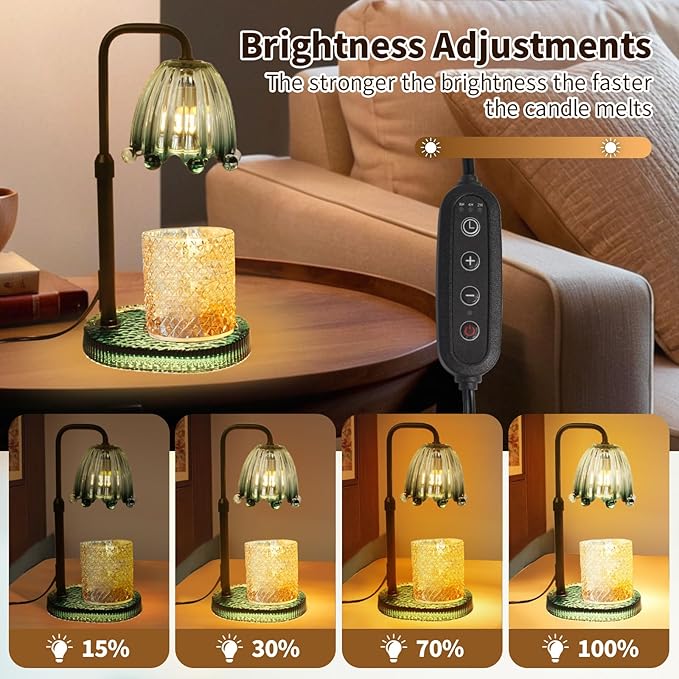 Candle Warmer Lamp with Timer: Adjustable Height and 4 Dimmer, Crystal Glass Base, Heater Wax Warmer for Jar Scented, Home Décor and Housewarming & Birthday Gift for Mom Woman, 2 Bulbs (Crown Green)