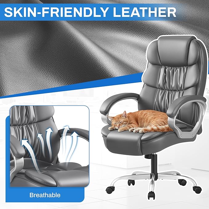 Furmax Leather High Back Office Chair Ergonomic Executive Office Chair Swivel Computer Desk Chair Lumbar Support Soft Cushioned Padded Arms (Grey)