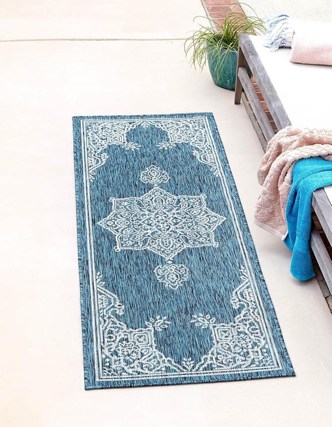 Unique Loom Outdoor Traditional Collection Area Rug - Antique (2' 7" x 10' Runner Teal/Ivory)