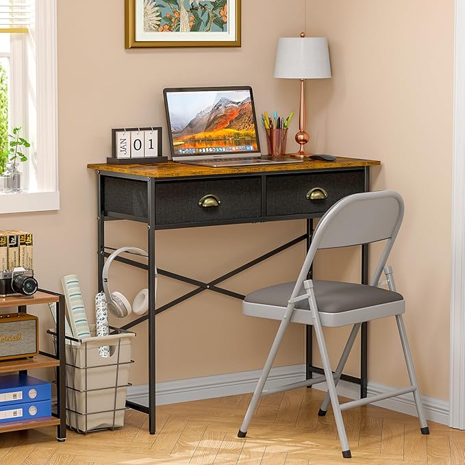 Small Writing Desk for Kids Bedroom, 31.5 Inch Computer Desk for Small Spaces, Simple Desk with 2 Fabric Drawers for Home Office, Dorm, Living Room, Home Study Table, Rustic Brown