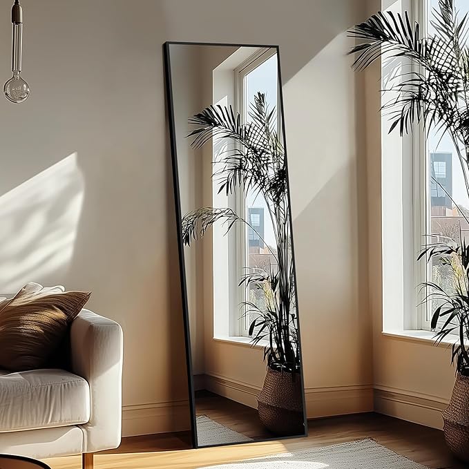 Delma Full Length Standing Mirror,Large Floor Mirror with Aluminum Frame for Bedroom, Bathroom, Living Room,Wall Mount or Freestanding Design(with Stand,Rect 69x24-Black)