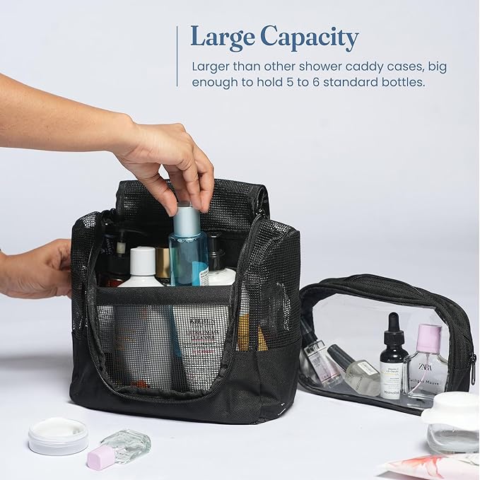 The Fine Living Co. Portable Hanging Shower Caddy Organizer Bag (Free Toiletries Case+Metal Hook) Quick Dry Mesh Shower Caddy Tote Bag Pouch For Bathroom College Dorm Camp Gym Camping 10”x4”x8”(Black)