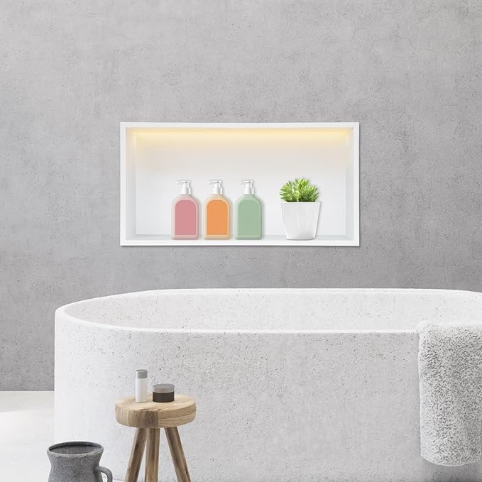 Shower Niche Cabinet, LED Light Shower Ni-Che, 13 x 25 x 4 inch Recessed Wall N-iche with LED Strip, No Tile Need Shower Shelf for Bathroom Recessed Wall Shelf Horizontal Niche, White