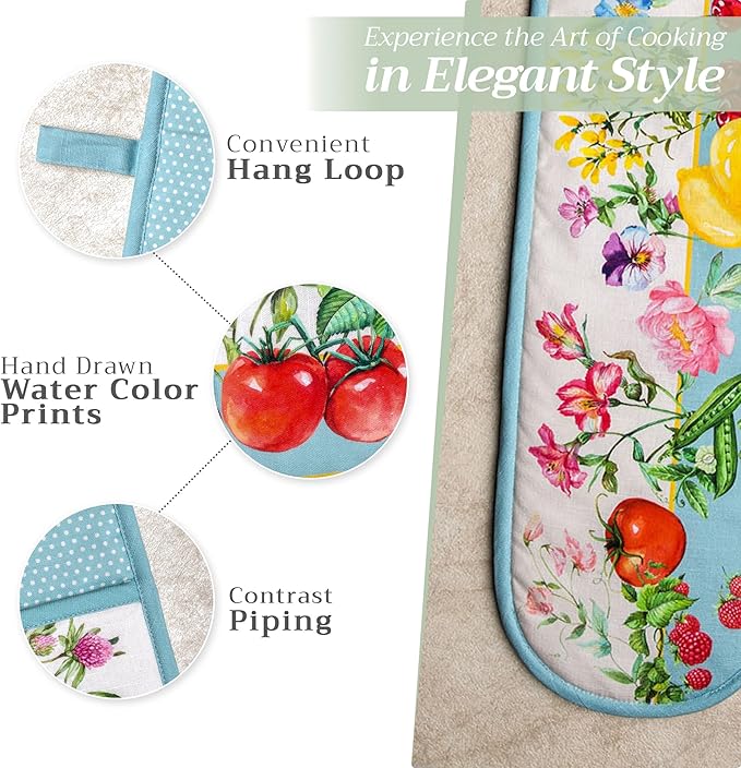 Maison d' Hermine Double Oven Mitts 100% Cotton 7"x35" Double Oven Mitt Heat Resistant BBQ Cooking Gloves with Loop, Baking, Grilling, Home, Kitchen, Handling Hot Pans Spring Summer (Giverny)