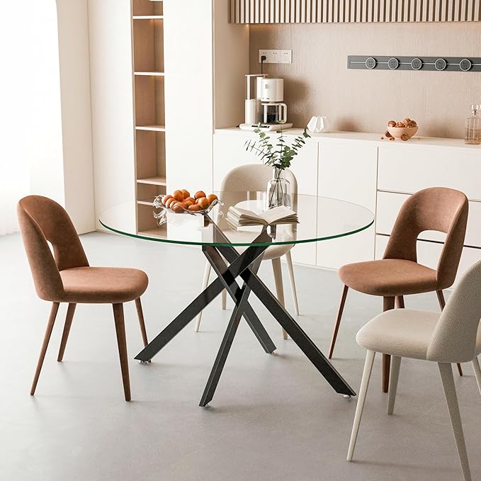Round Glass Dining Table,Glass Dining Room Table with Tempered Glass Tabletop and Metal Legs, Modern Style Round Kitchen Table for Home, Kitchen, Dining Room