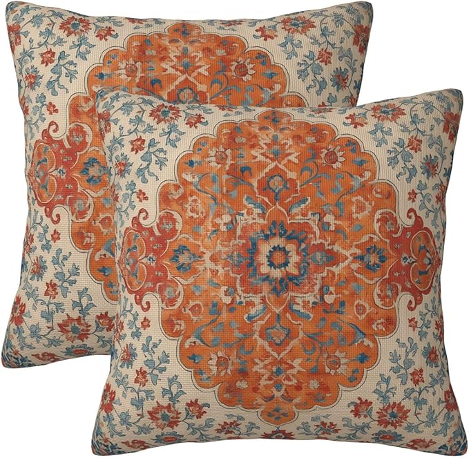Blue Orange Boho Floral Pillow Covers 20x20 Inch Set of 2 Fall Bohemian Vintage Carpet Pattern Decorative Outdoor Throw Pillows Farmhouse Decor Cushion Covers for Sofa Bed Couch Living Room