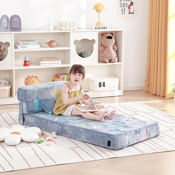 Folding Sofa Bed Floor Mattress for Kids With Pillow - Toddler Glow Washable Nap Mat for Sleeping, Child Fold Up Futon Chair Bed With Storage Bag for Girls Boys