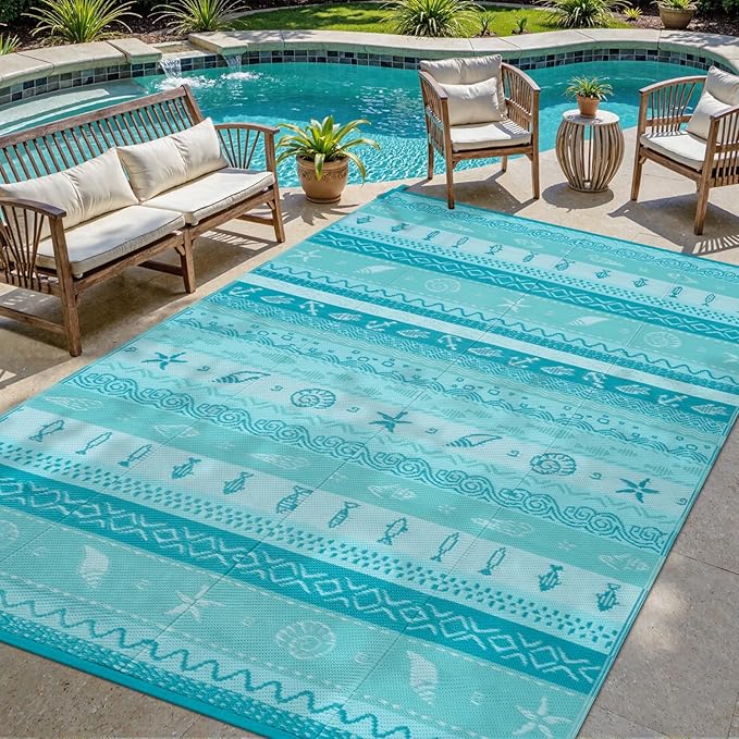 Lahome Outdoor Rug Waterproof, 6x9 Reversible Outdoor Plastic Straw Rug for Camping, RV Patio Rugs Large Carpet for Porch Deck Backyard Balcony Picnic(Blue/Multi,6'x 9')