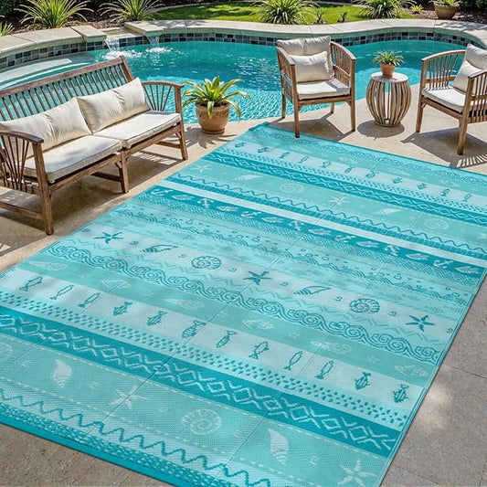 Lahome Outdoor Rug Waterproof, 6x9 Reversible Outdoor Plastic Straw Rug for Camping, RV Patio Rugs Large Carpet for Porch Deck Backyard Balcony Picnic(Blue/Multi,6'x 9')