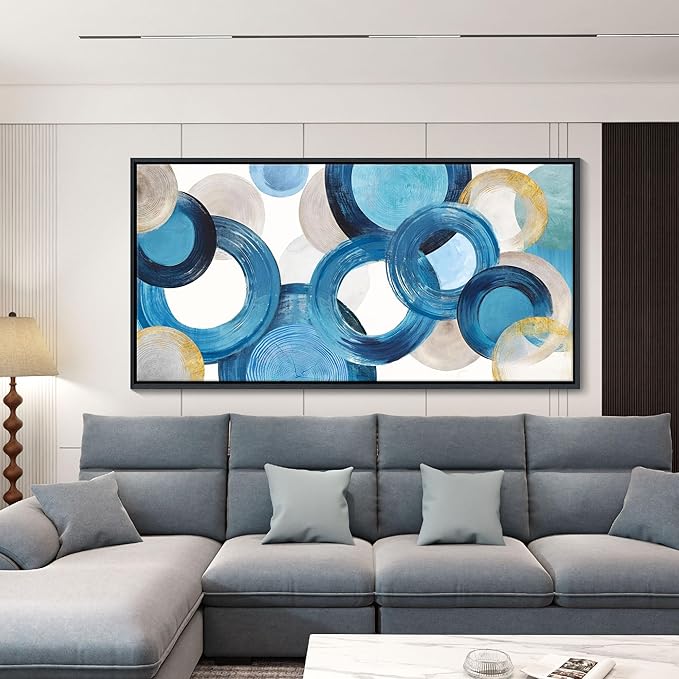 HKDGOKA Abstract Canvas Wall Art Bedroom Large Wall Art for Living Room Teal Blue Circle Graffiti Bathroom Pictures Ready to Hang for Kitchen Office Home farmhouse Decor 24x48 In