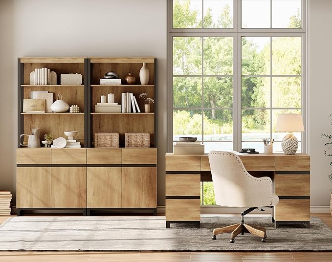 WAMPAT 3 PCS Modern 72" Tall Bookcases with Metal Base and Adjustable Shelves, Library Book Shelf with Storage Cabinet and Open Book Shelfs, Wood Bookshelves for Home Office, Living Room, Oak