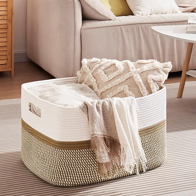 OIAHOMY Large Blanket Basket, 22”x17”x12” Rectangle Woven Baskets, Nursery Blanket Storage Living Room, Toy Storage with Handle, Large Baskets for Organizing-Yellow/White