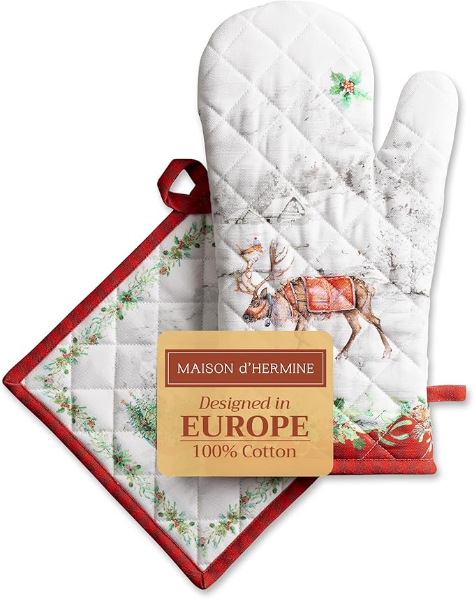 Maison d' Hermine 100% Cotton Oven Mitt & Pot Holder Set (7.5"x13" & 8"x8") Heat Resistant BBQ Cooking Gloves with Loop for Thanksgiving Christmas Decorations Handling Hot Pans (Christmas Tradition)