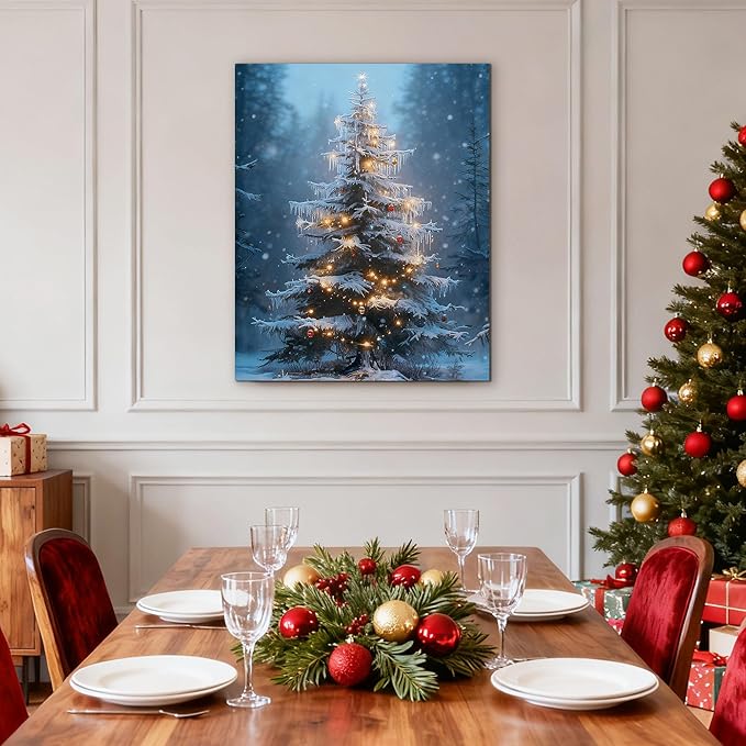 Framed Christmas Pictures Wall Decor,Vintage Pine Tree Prints,Winter Christmas Canvas Wall Art Decoration for Bedroom Bathroom Living Room Rustic Xmas Holiday Gifts (Christmas Tree 15, 11'' X 14'')