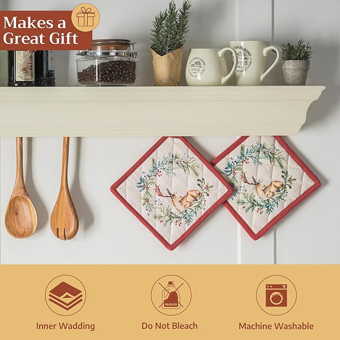 Maison d' Hermine Pot Holders Set 100% Cotton Heat Resistant Potholders 8" x 8" Hot Pads with Loop for Thanksgiving Christmas Decorations BBQ Cooking Baking Handling Hot Pans (Pack of 2, Holly Time)