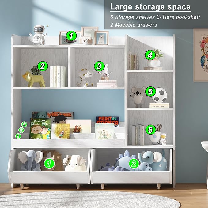 Bookshelf and Toy Storage Organizer, Toy Storage Cabinet for Boys and Girls, Muti-Functional Kids Display Bookcase and Storage Bin with Moveable Drawers, Children Toddler Kids Room