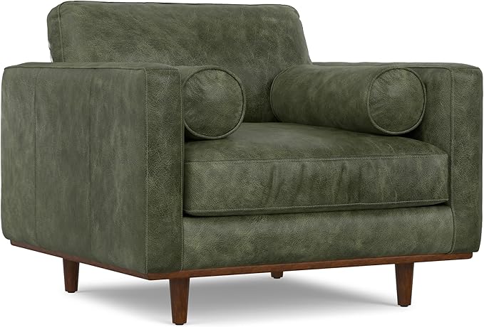 SIMPLIHOME Morrison Accent Chair - 43 inch Wide Upholstered Top Grain Genuine Leather Mid-Century Modern Arm Chair with Solid Wood Frame in Moss Green, for Living Room with 2 Bolster Pillows