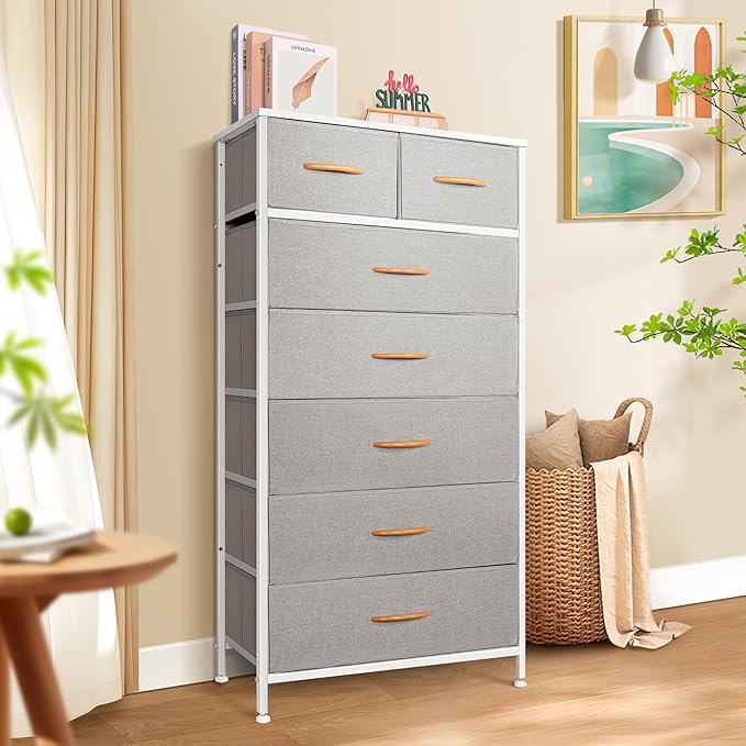 Tall Dresser for Bedroom, Vertical Storage Organizer Tower with 7 Drawers, Chest of Drawers with Fabric Bins, Steel Frame, Wood Top for Bedroom, Closet, Entryway- Light Grey