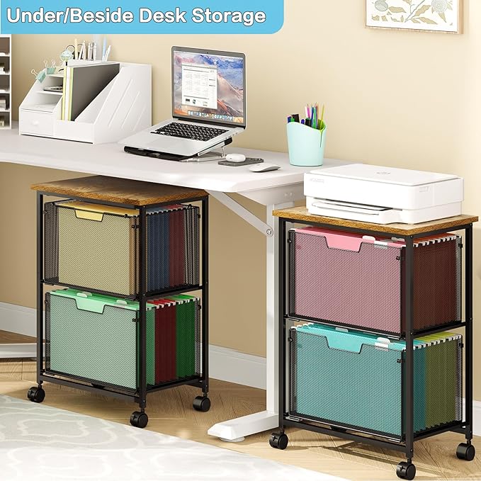 Letter/Legal Mobile File Cabinet, Rolling File Cart with 2 Drawers Filing Cabinet for Home Office, Hanging File Folders Organizer for Under Desk Storage, Mobile Printer Stand, Black and Brown