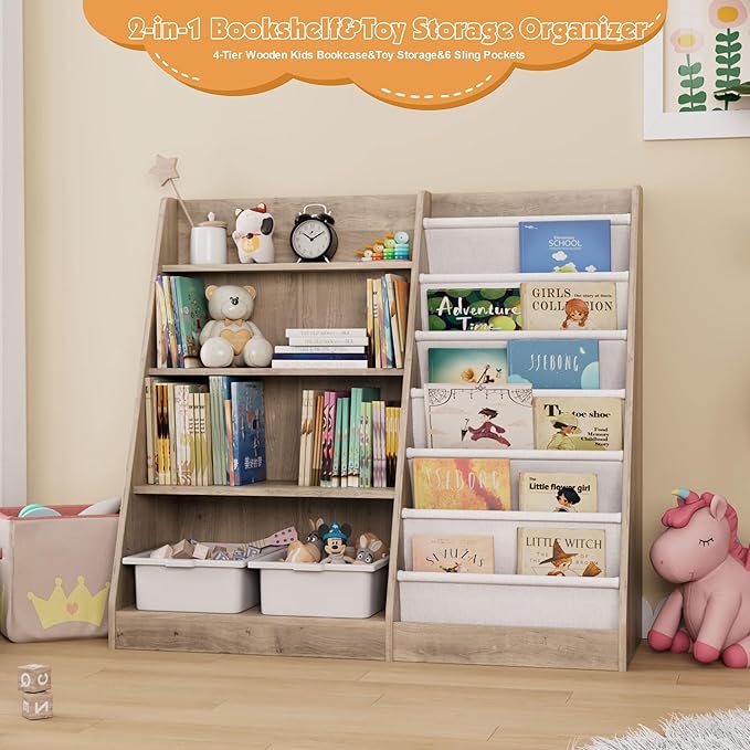 Kids Bookshelf Wood Toy Storage Organizer Cabinet Children Bookcase Toddler Baby Sling Book Rack Adjustable Shelf for Playroom Bedroom Nursery Hallway School Kindergarten
