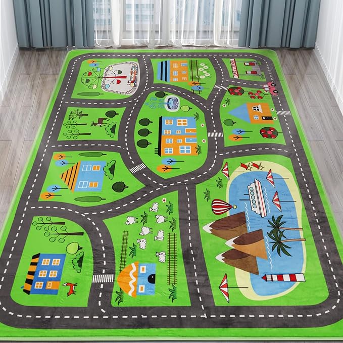 Kids Playmat Car Rug, Kids Play Rugs Town City Road Map Rug, Large Educational Car Mat, Boys Track Play Mat, Kid Rugs for Playroom Bedroom Living Room (Style 3, 78.7X 59 INCH)