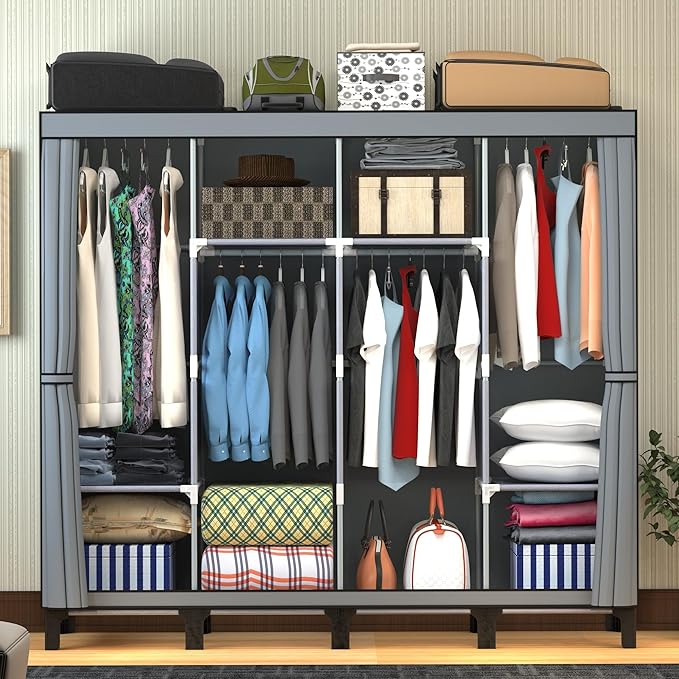 Non-Woven Wardrobe, No Tools Required, Large Capacity, Easy Assembly, Movable, Storage Rack, Waterproof, Dustproof, Stain Resistant, Black, 67.7 x 172 cm (Grey, X-Large)