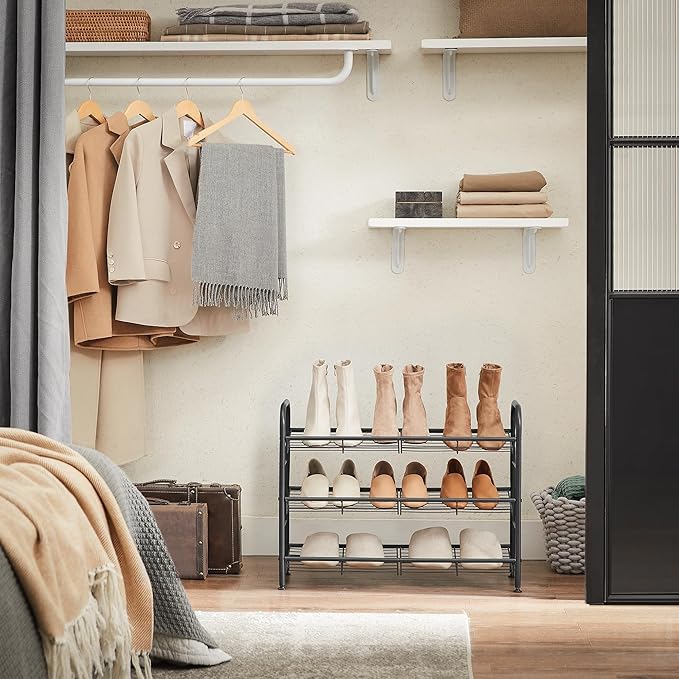 SONGMICS Shoe Rack, 3 Tier Shoe Organizer for Closet, Holds up to 12 Pairs of Shoes, Shoe Rack for Front Door Entrance, Metal Shoe Shelf with Adjustable Tilt Angle, for Entryway, Garage, Black