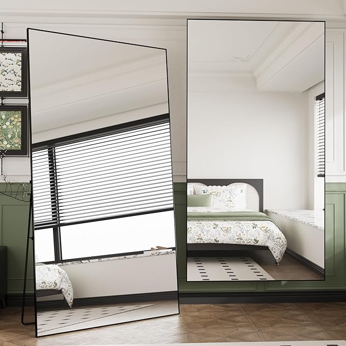 FANYUSHOW Full Length Mirror with Stand, 76"x34" Aluminum Alloy Frame Floor Mirror, Shatter-Proof Glass Free Standing, Leaning Against Wall or Wall-Mounted, for Bedroom Living Room Dressing Room Black