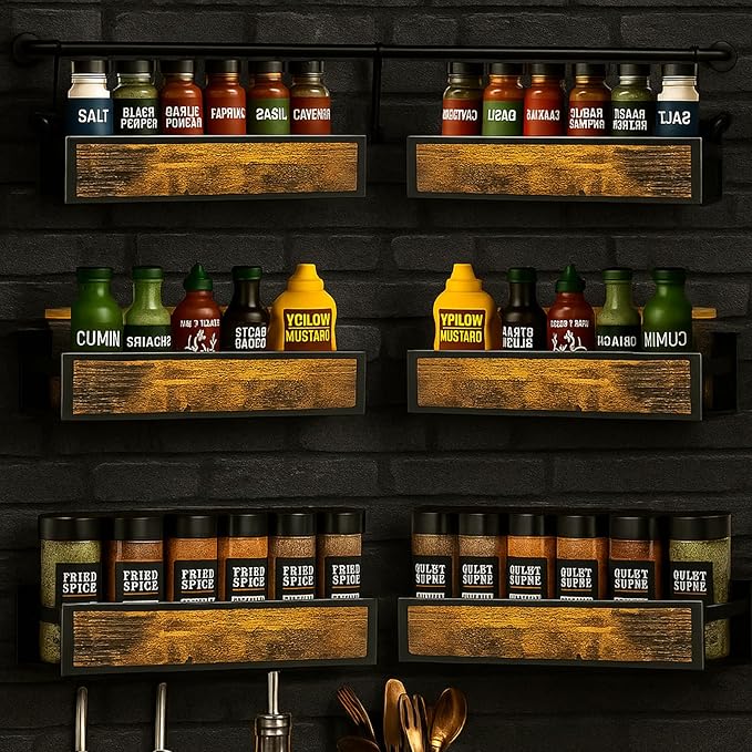 Spice Rack Wall Mount 6 Pack, Space-Saving Seasoning Organizer,Screw or Adhesive Hanging Spice Rack Organizer for Kitchen Cabinet and Wall (Engineered Wooden)