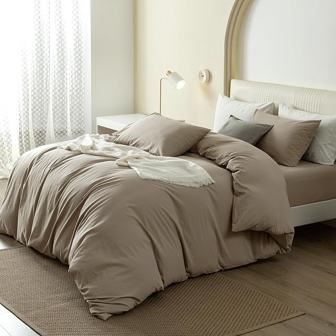 JIYUAN 100% Washed Cotton Duvet Cover Set 2 Pieces Twin, 1 Duvet Cover 68x90 Inches(Comforter Not Included) and 1 Pillowcases,Linen Feel Bedding Set Comfy and Breathable,Khaki