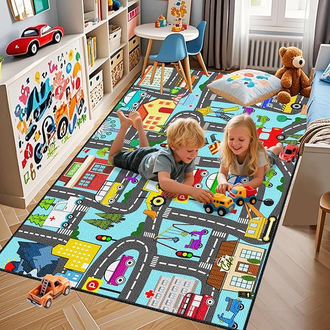 Car Track Rug - Car Rugs for Kids Toy Cars City Life Road Rug for Large Kids Play Mat for Boys Girls Playroom Living Room Bedroom Classroom, 5'×7'