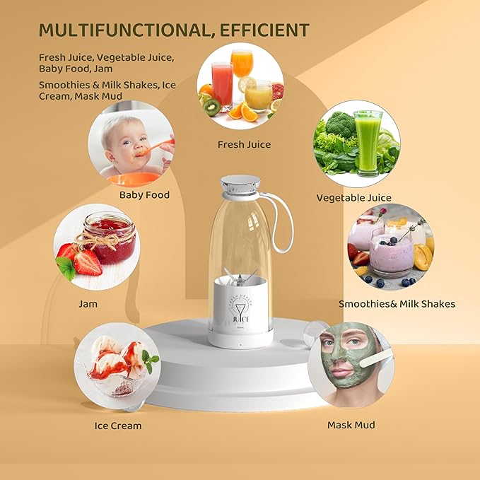 Portable Blender, Personal Smoothie Maker with 6 Blades, Rechargeable Mini Juicer Cup, 17 oz with Travel Lid for Outdoors, Camping, Office, Kitchen (White)