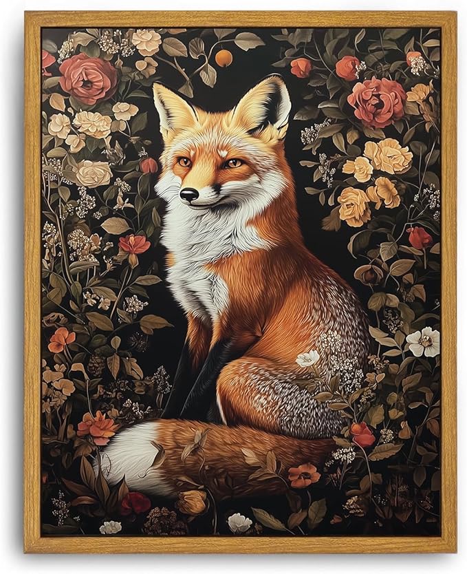 Djmwtb Framed Vintage Wall Art, Fox wall Decor,Nature Botanical Wall Art for Bedroom Decor, Flower Pictures Paintings Animal Canvas Artwork Prints for Living Room 16x24in