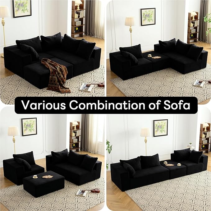 Vamcheer Modular Sectional Sofa - Modern L Shaped Boneless Couch with Deep Seat, Upholstered Sectional Couches for Living Room, Bedroom, Office, No Assembly Required, Black