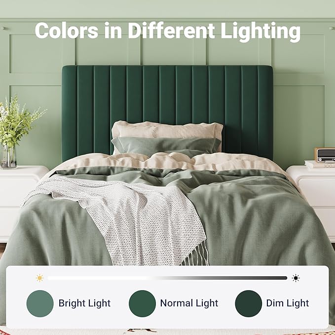 Allewie Twin Bed Frame, Velvet Upholstered Platform Bed with Adjustable Vertical Channel Tufted Headboard, Mattress Foundation with Strong Wooden Slats, Box Spring Optional, Easy Assembly, Green