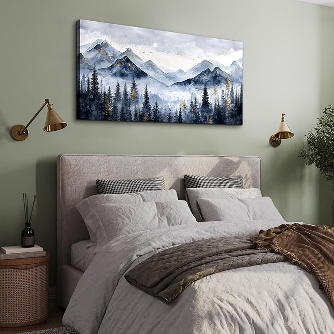 SERIMINO Mountain Landscape Large Wall Art, Misty Forest Canvas Prints, Blue Gold Watercolor Pine Tree Paintings Wall Decor Living Room Bedroom, Natural Scenery Office Decor Pictures 24"X48"