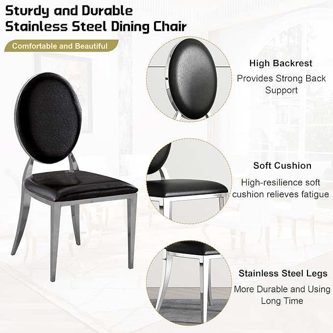 7-Piece Dining Table Set for 6, Faux Marble Modern Dining Table Set with 6 Round Backrest Upholstered Chairs, 70“ Stainless Steel Legs Table & Chair Set for Kitchen, Black & Silver