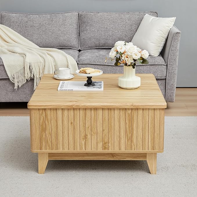 Lift Top Coffee Table, Square Coffee Table with Hidden Storage Compartment, Farmhouse Wood Center Table Dining Table for Living Room, Bedroom, Home Office (Natural)