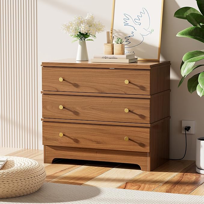 3 Drawer Nightstand with Charging Station,28" Farmhouse Night Stand & Modern 3 Drawer Dresser,Wood Nightstands Storage Cabinet for Bedroom Hallway, Entryway, Home Office, Brown Set of 2