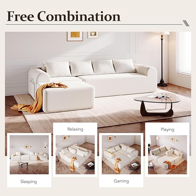 105.5” Cloud Boneless Sectional Sofa for Living Room, L-Shaped 4-Seater Modular Couch with Ottoman & 4 Pillows, Deep Seat Chenille Fabric Sofa, No Assembly, 72H Full Restore, Beige